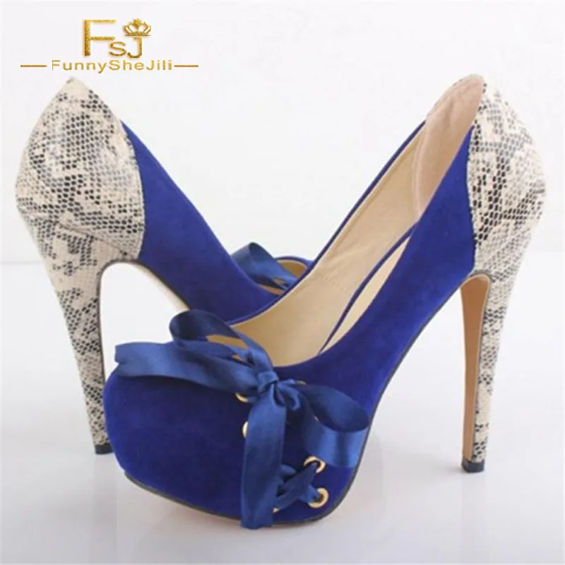 

FSJ Fashion Royal Blue Suede Platform Bow Lace up Serpentine Stiletto Heel Women Pumps Two-toned Ladies Party Shoes 2021 Autumn