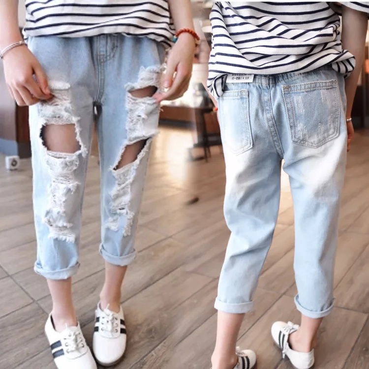 

Winter Girl Pants 2019 Girls Jeans Kids Clothes Children Clothing Broken Hole Jeans For Girls Elastic Waist Denim Pants Trousers