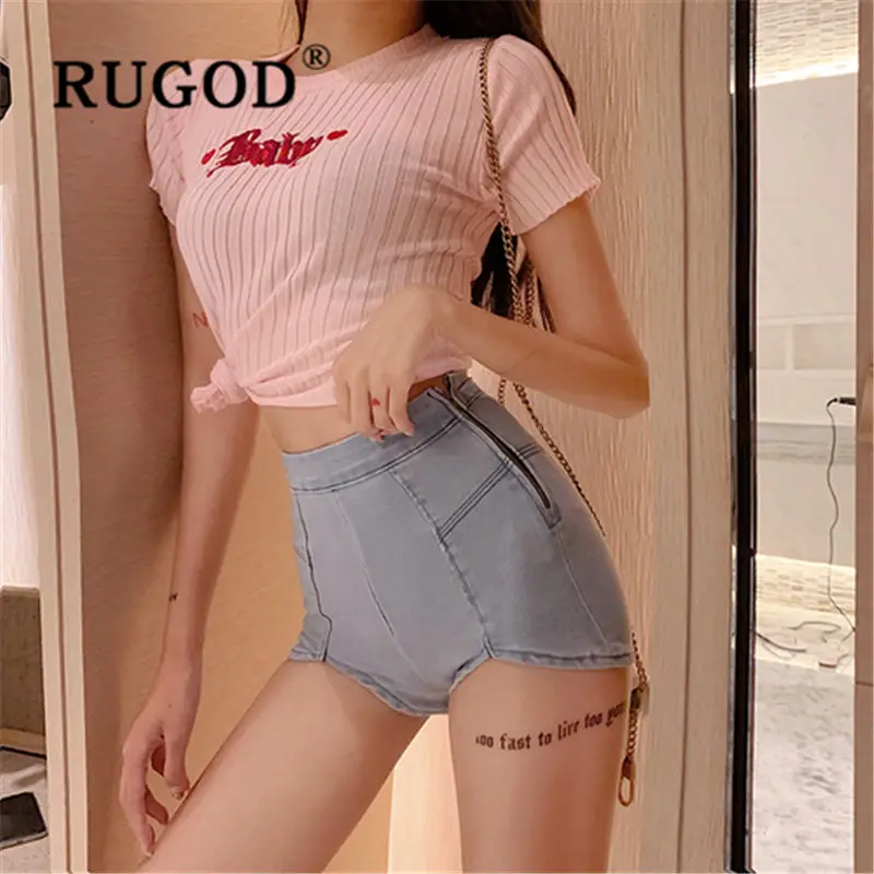 Женские джинсовые шорты с высокой талией RUGOD облегающие разрезом на бедрах для