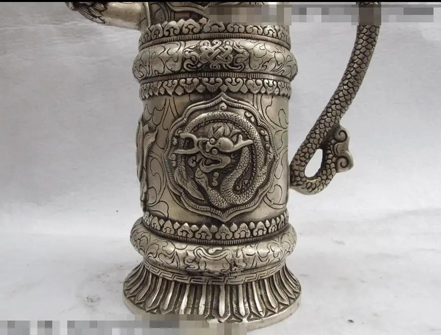 Tibet White Copper Bronze Silver Eight treasures Dragon Lion Flagon wine pot | Дом и сад