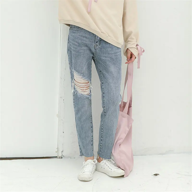 

HziriP Summer New Hole 2019 Straight Female Loose Pants High Waist Women Jeans All Match Denim Harem Ankle Length Trousers