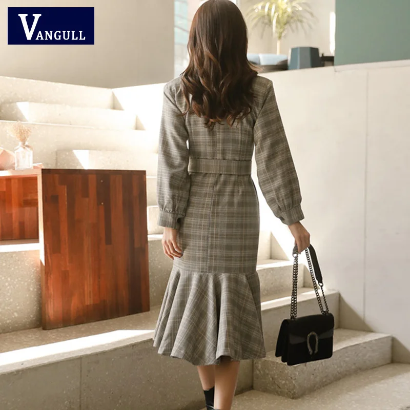 Vangull/весенне осеннее офисное женское длинное клетчатое платье с оборками v