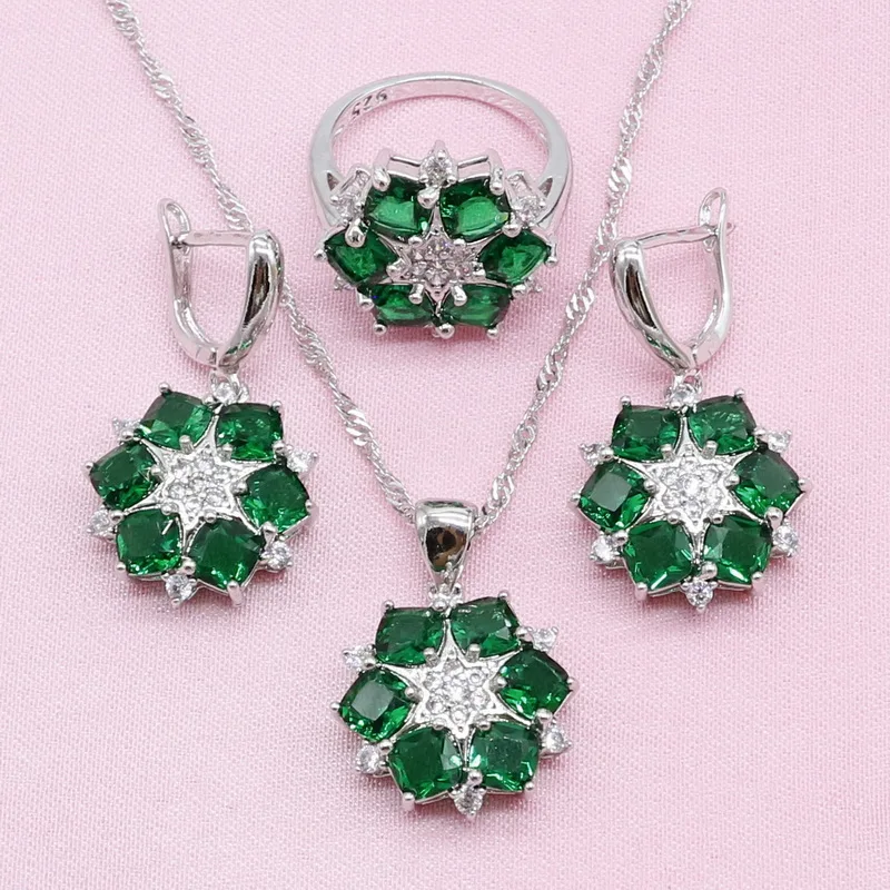 Green Semi-precious Silver Color Jewelry Sets For Women Earrings Bracelet Pendant Necklace Ring Gift Box 2019 New | Украшения и