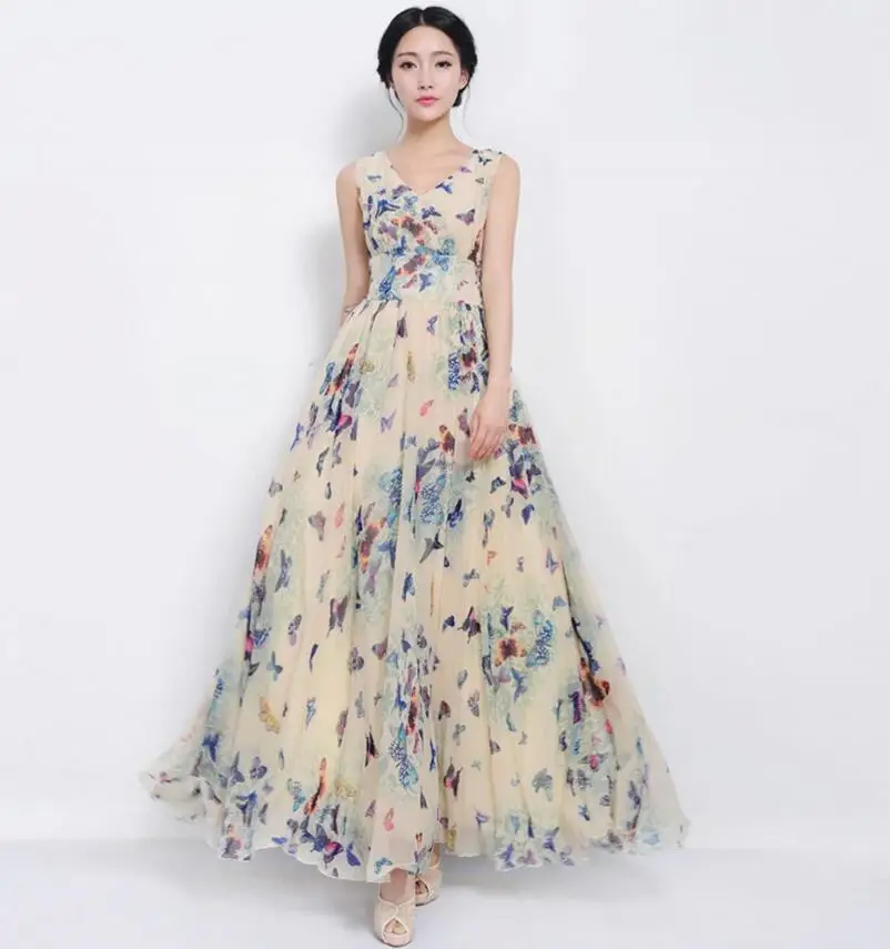 Шифоновое длинное платье с цветочным принтом женские платья Макси 2017