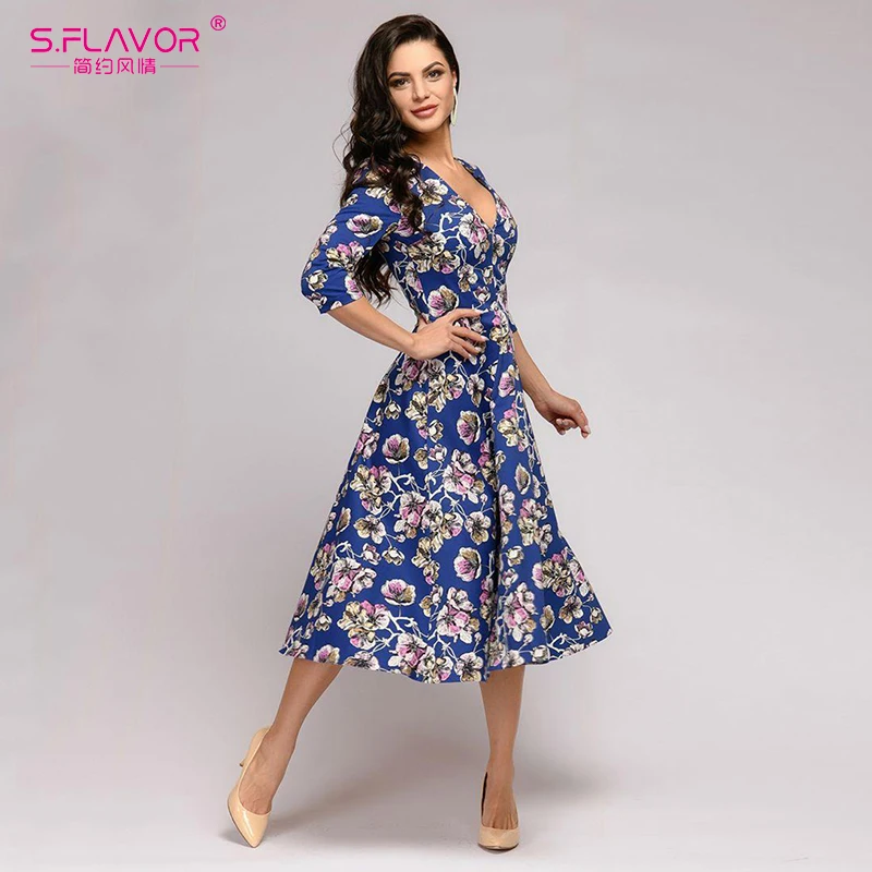 S.FLAVOR Women A line Style 3/4 Sleeve Slim Casual Dress Autumn Mid Calf Vintage Vestidos De Festa Elegant V Neck Sexy Dresses|Женские