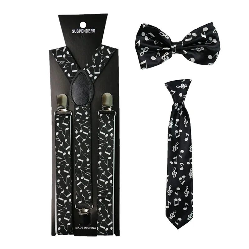 

Music Note Print Suspenders Necktie And Bowtie Set Clip-on Elastic Y-Shape Back Shirt Stays Braces Suspenders For Women Men