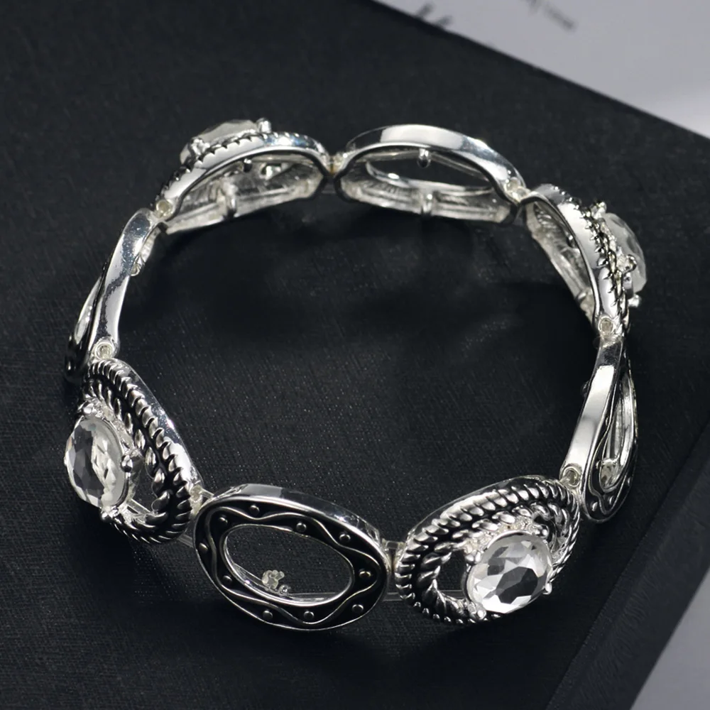 Neoglory горный хрусталь античный посеребренный Овальный стрейч браслеты для женщин