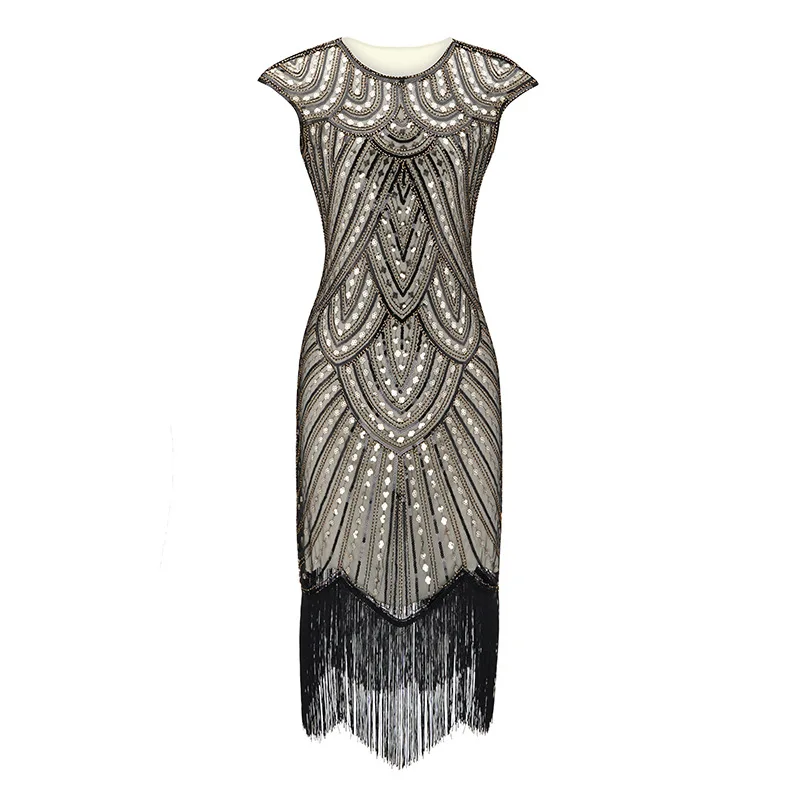 C Dress 1920s Гэтсби блесток бахромой Пейсли Винтаж бисером Хлопушка вечерние платья с 20s аксессуары набор плюс размер(черный/белый/синий/красный - Цвет: C Dress