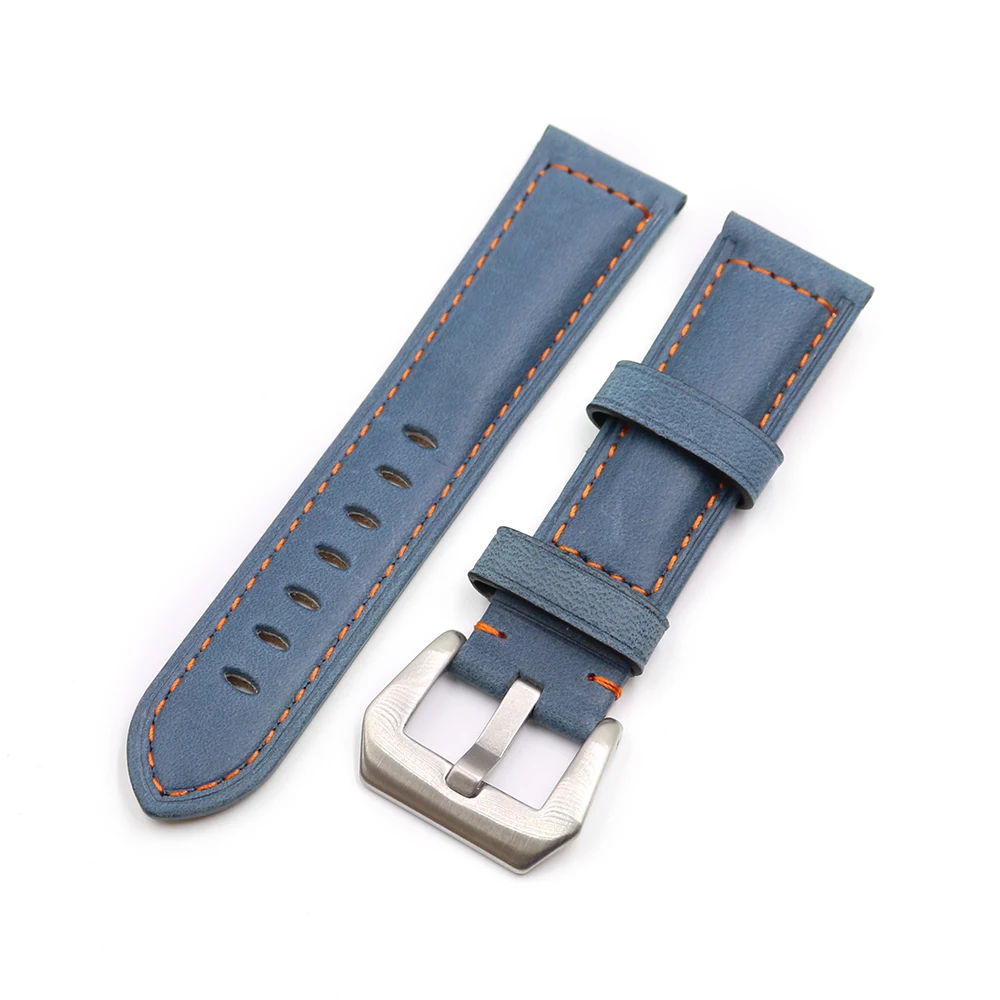 Rolamy 22 24mm Watch Band Strap With Silver Brushed Buckle Blue Real Leather Handmade Replacement Thick Vintage Wrist Watchband