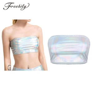 Блестящий серебристый голографический многоцветный Топ без бретелей, Модный Бюстгальтер-бандо, укороченный Топ для женщин, пикантная Клубная майка