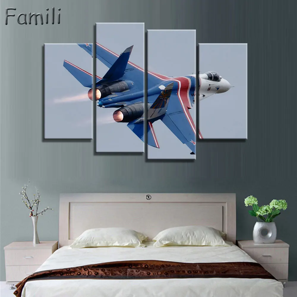 4 Pieces Painting Fighter Airplane Aircraft Model Wall Art Canvas Prints Modern Artwork Pictures for Living Room Unframed | Дом и сад
