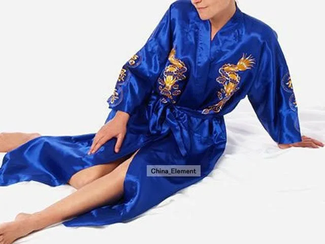Бесплатная доставка синий китайский женский Шелковый Атласный халат кимоно с