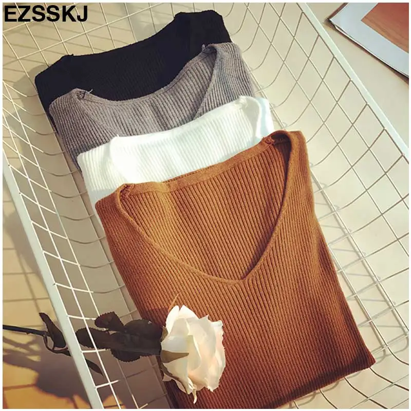 Трикотажные пуловеры с V-образным вырезом весна-осень Женский облегающий вязаный