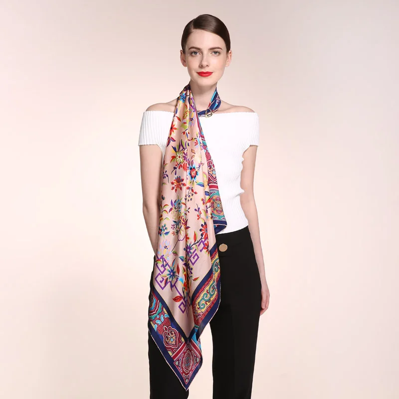 HA759 100% Mulbery Silk Satin Scarf Women 90cm Large Square Scarves Chinese National Floral Print Summer Sunscreen Wraps Foulard |