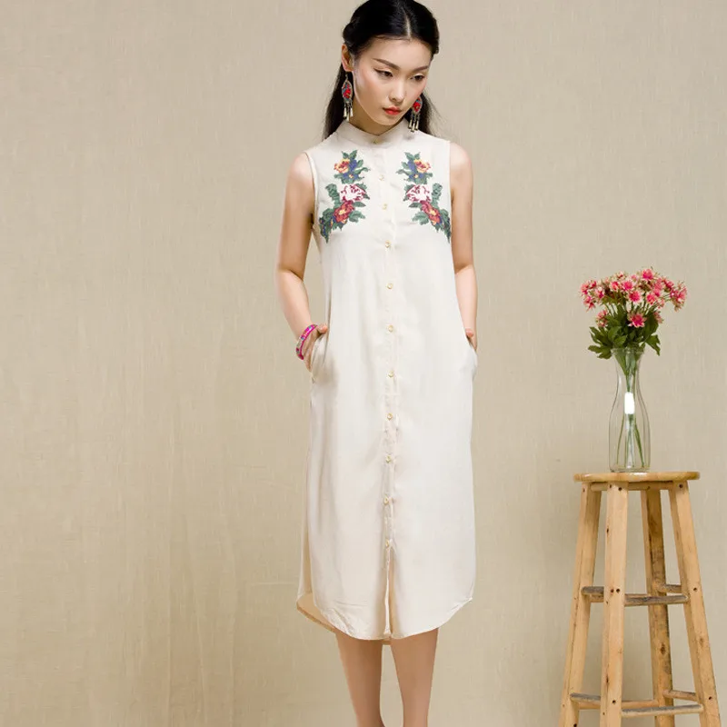 Брендовое весенне-осеннее женское платье с вышивкой из хлопка и льна элегантное