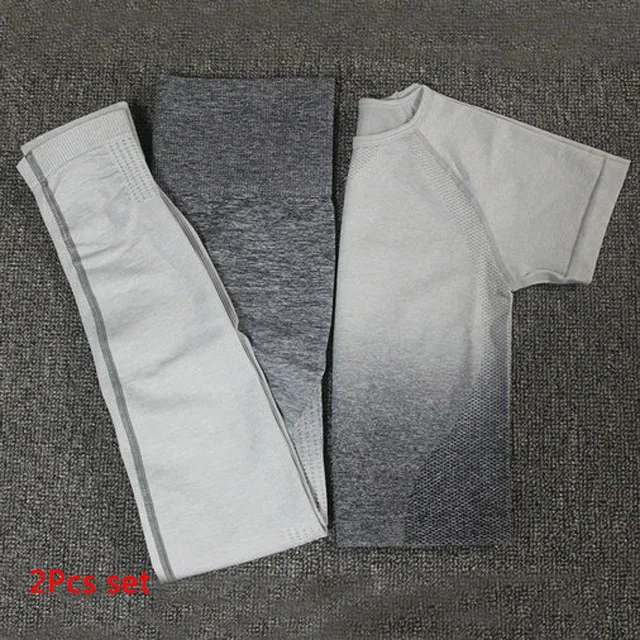 Gray White set Женский комплект для йоги, одежда для спортзала, топ с коротким рукавом+ Бесшовные Леггинсы с эффектом омбре, спортивный костюм для тренировок, спортивная одежда для фитнеса, одежда для активного отдыха - Цвет: Gray White set