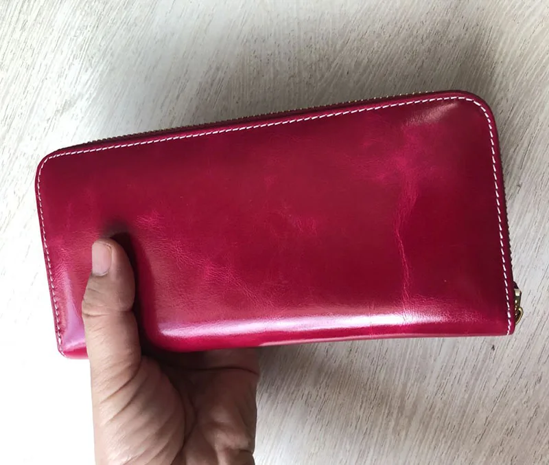 Hot Pink Кошелек женский Кожаный кошелек на молнии и женский кошелек с держателями для карт из натуральной кожи/масло воск коровья кожа, ярко-розовый фиолетовый темно-синий черный - Цвет: Hot Pink