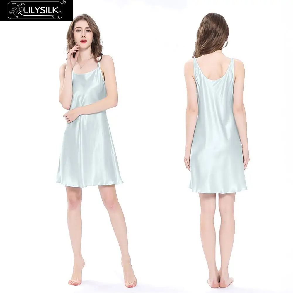 Light Sky Blue LilySilk ночная рубашка для девочек, женская ночная рубашка, женское мини-платье с овальным вырезом, чистый 100 шелк, 22 momme, Роскошный натуральный - Цвет: Light Sky Blue