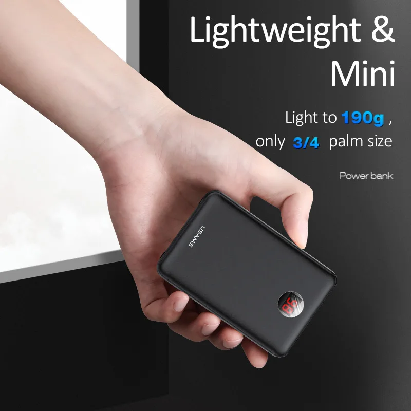 USAMS 10000 мАч светодиодный цифровой mi ni power Bank Внешняя батарея Портативное зарядное устройство power bank type C mi cro кабель для samsung xiaomi mi
