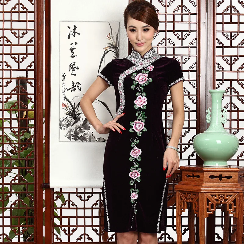 Роскошное ручное вышитое бисером вельветовое платье Cheongsam голубое китайское