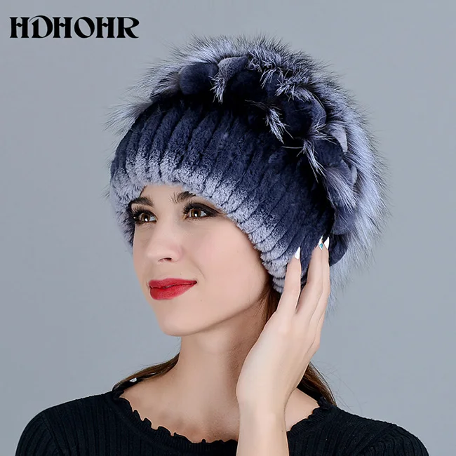 HDHOHR теплый натуральный мех шляпа натурального меха кролика Rex Кепки Silver Fox меховой шапочки Шапки Для женщин зимние толстые теплые Головные уборы Шапки - Цвет: Тёмно-синий