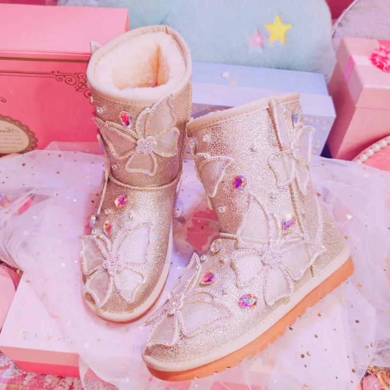 Glitter Boots Women Sweet Butterfly Rhinestones Flat Snow Boots Warm Plush Winter Boots Sparkling Crystal Winter Shoes Woman