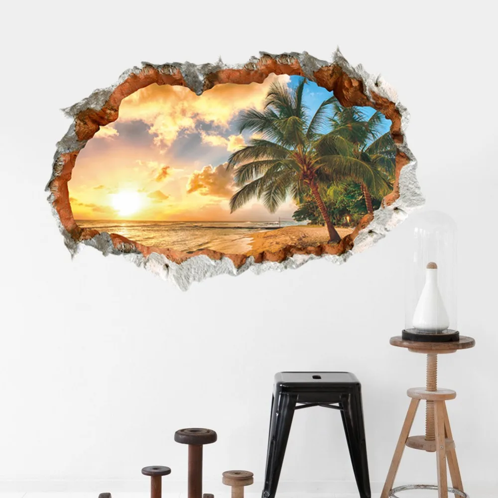

3D обои для комнаты пейзаж Настройка солнце морской пляж треснутый вид стены стикер домашний декор Removabe настенная Бумага Арт 60x90 см