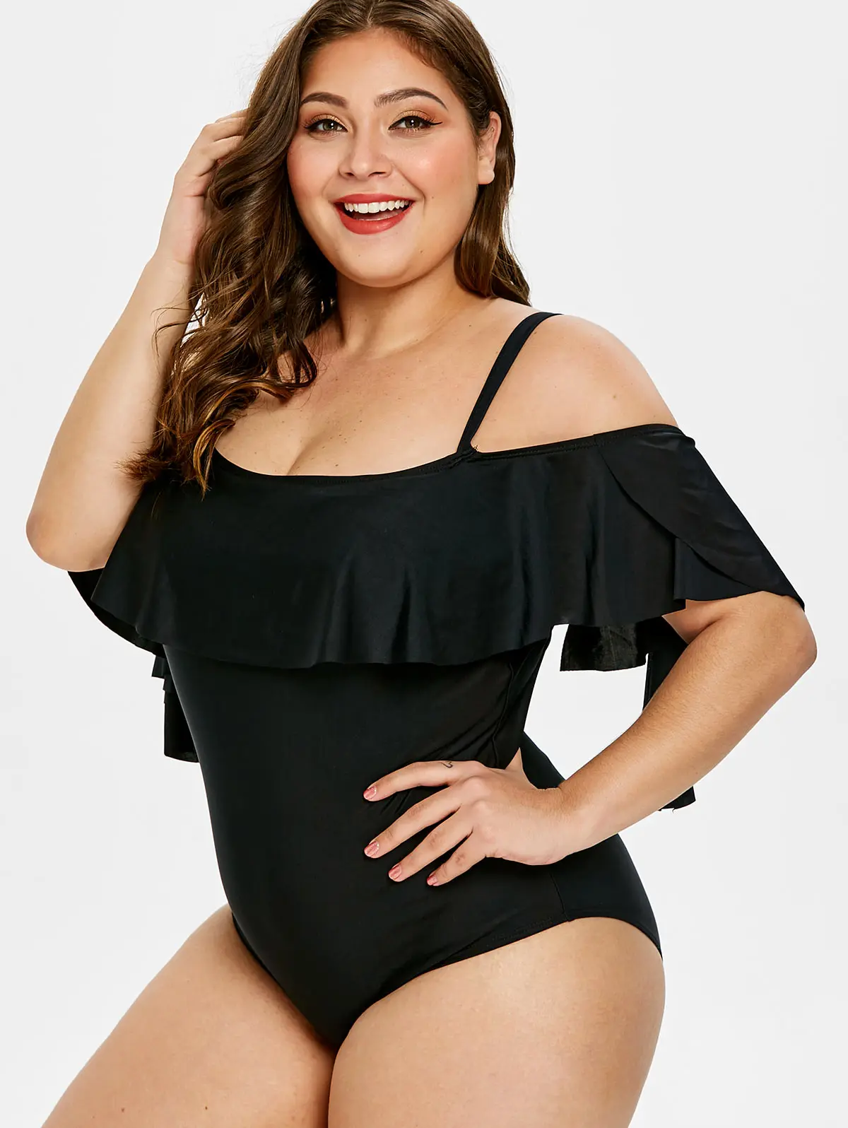 Женский купальник с вырезами на спине и воланом однотонный |