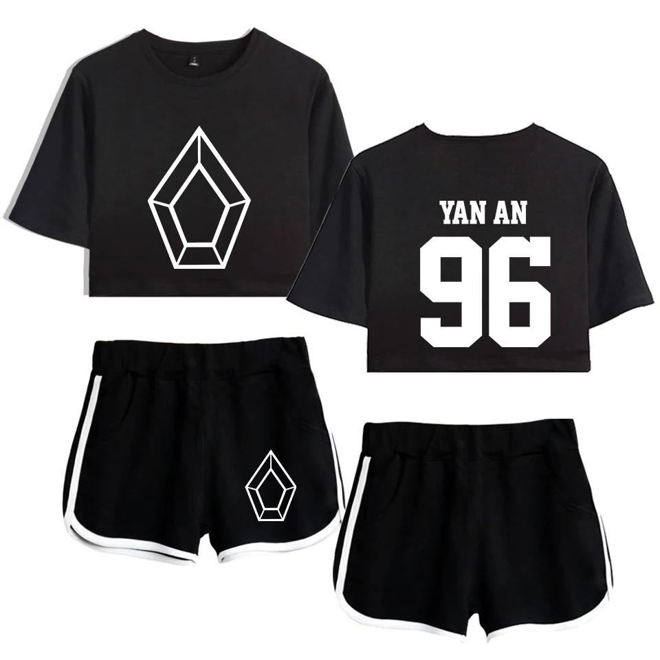 Hot Pentagon YED ONE 96 Exposed Navel white t shirt +black shorts women's two-piece sets Fashion suit | Женская одежда