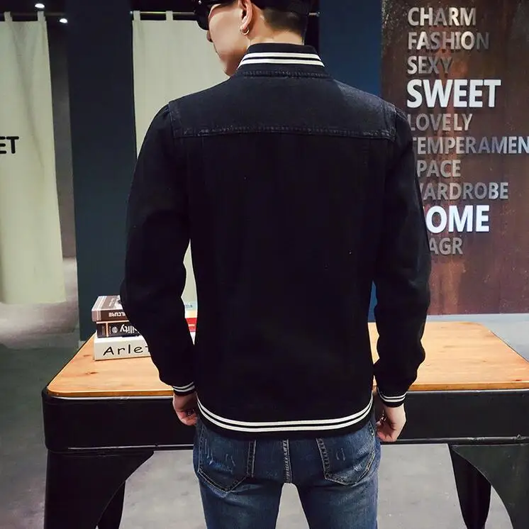 2018 Курточка бомбер Для мужчин Модная Джинсовая куртка черный Повседневное Сим Fit