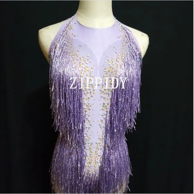 Purple Or Red Tassel Rhinestones Stretch Bodysuit Women's Birthday Performance Female Singer Dance Wear Nightclub Sexy Costume