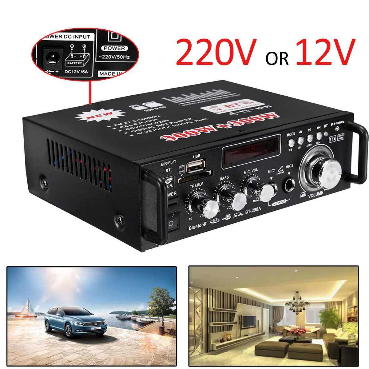 600 Вт DC12V HIFI автомобильный усилитель аудио стерео усилитель мощности bluetooth FM радио 2CH 220 В домашний кинотеатр усилители музыкальный плеер