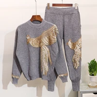 autumn new women knitted set tracksuit beaded embroidery tiger pattern casual long sleeve sweater pants 2 piece sets