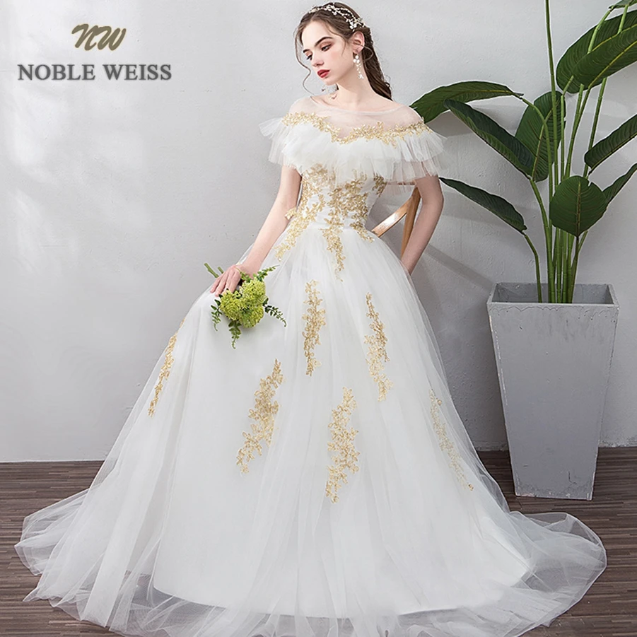 

wedding dresses o-neck tulle a-line gold appliques wedding dress sexy floor-length bridal dresses with cap sleeves wedding gown