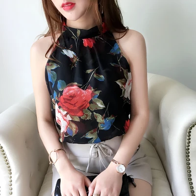 34714 flower black Neploe шифоновая блузка без рукавов рубашка с открытыми плечами в полоску/цветы/горошек/однотонные Топы летние женские модные элегантные блузы 34714 - Цвет: 34714 flower black