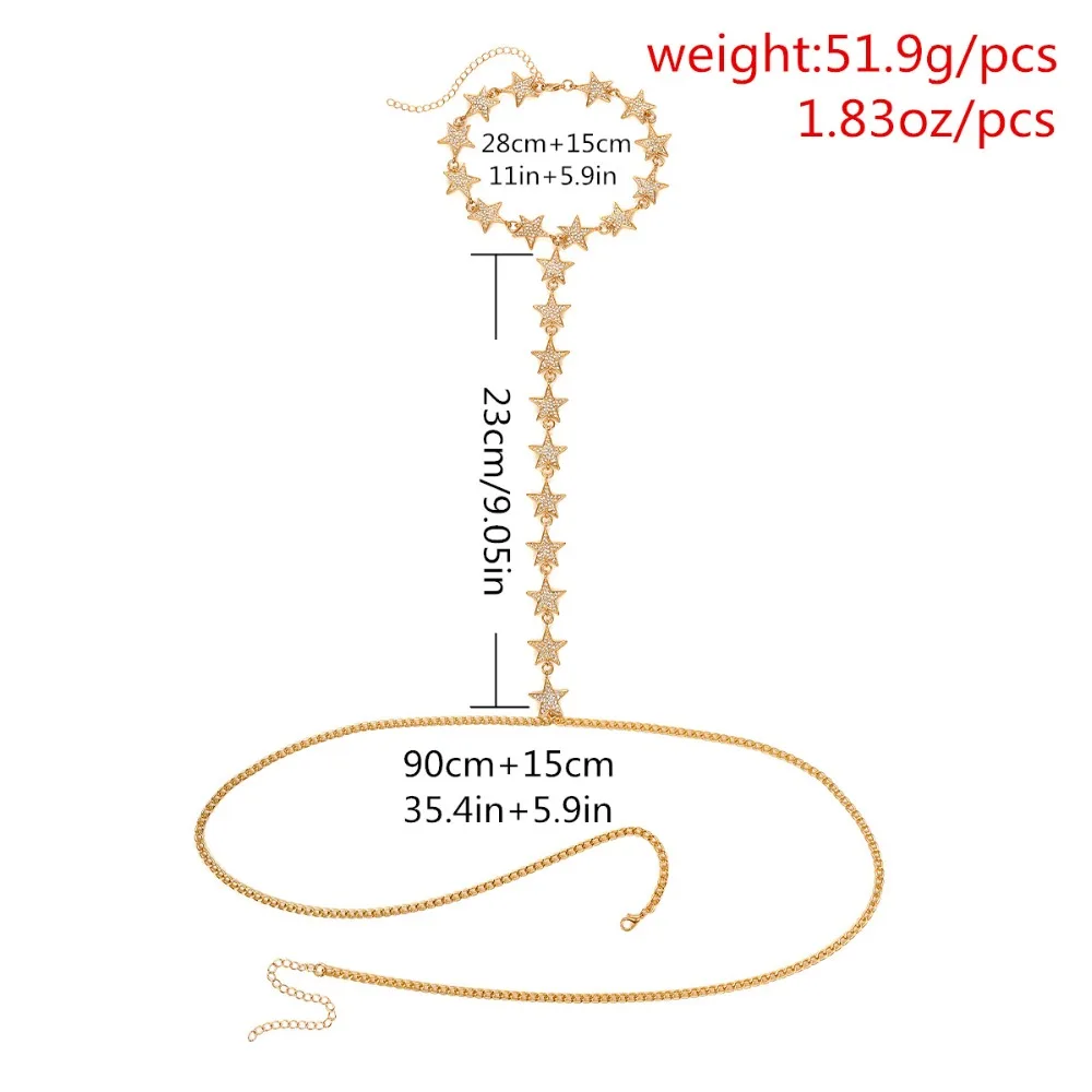 New Sexy Gold Color Alloy Star Crystal Body Chain Jewelry for Women Ladies Chest Bikini Necklace Gift BC146 | Украшения и