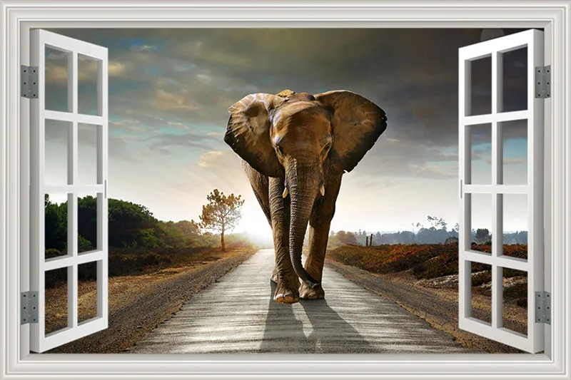 Window Frame Wall Decal Elephant African Bush Safari 3D View Vinyl Sticker Art Mural Peel and Stickers Room Decor | Дом и сад