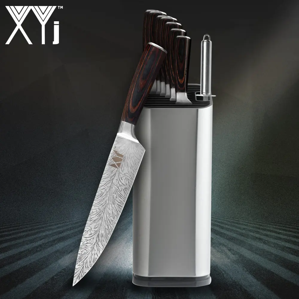 8 PCS Set XYj нож из нержавеющей стали с красивым узором 7cr17, лезвие из нержавеющей стали, цветные кухонные ножи с деревянной ручкой, набор ножей из 8 предметов - Цвет: 8 PCS Set