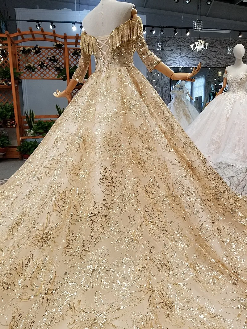 SSYFashion, новинка, роскошное Золотое свадебное платье, винтажное, высокое качество, 3/4 рукав, кружево, блестки, шлейф, вечерние платья для выпускного вечера, Vestido De Noiva