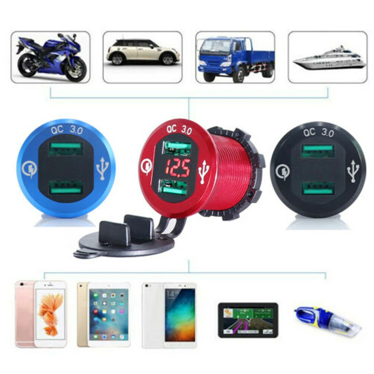 QC 3,0, алюминиевый светодиодный вольтметр для мотоцикла, лодки, автомобиля, 2 USB, зарядное устройство для автомобиля, мотоцикла, Прямая поставка, светодиодный измеритель напряжения