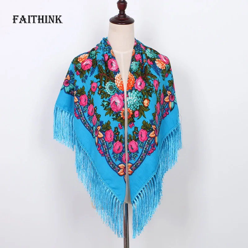 [FAITHINK] Модный женский шарф с цветочным принтом и кисточками весенне-осенний