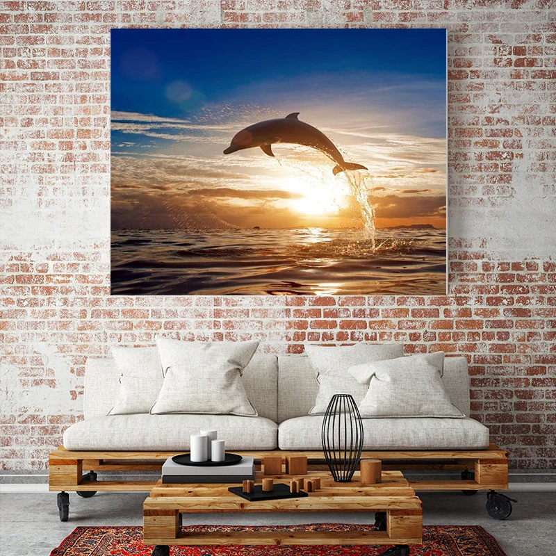 Simple modern sea world leap dolphins corridor porch decorative painting blue big fish mural DIY paint by digital art | Дом и сад