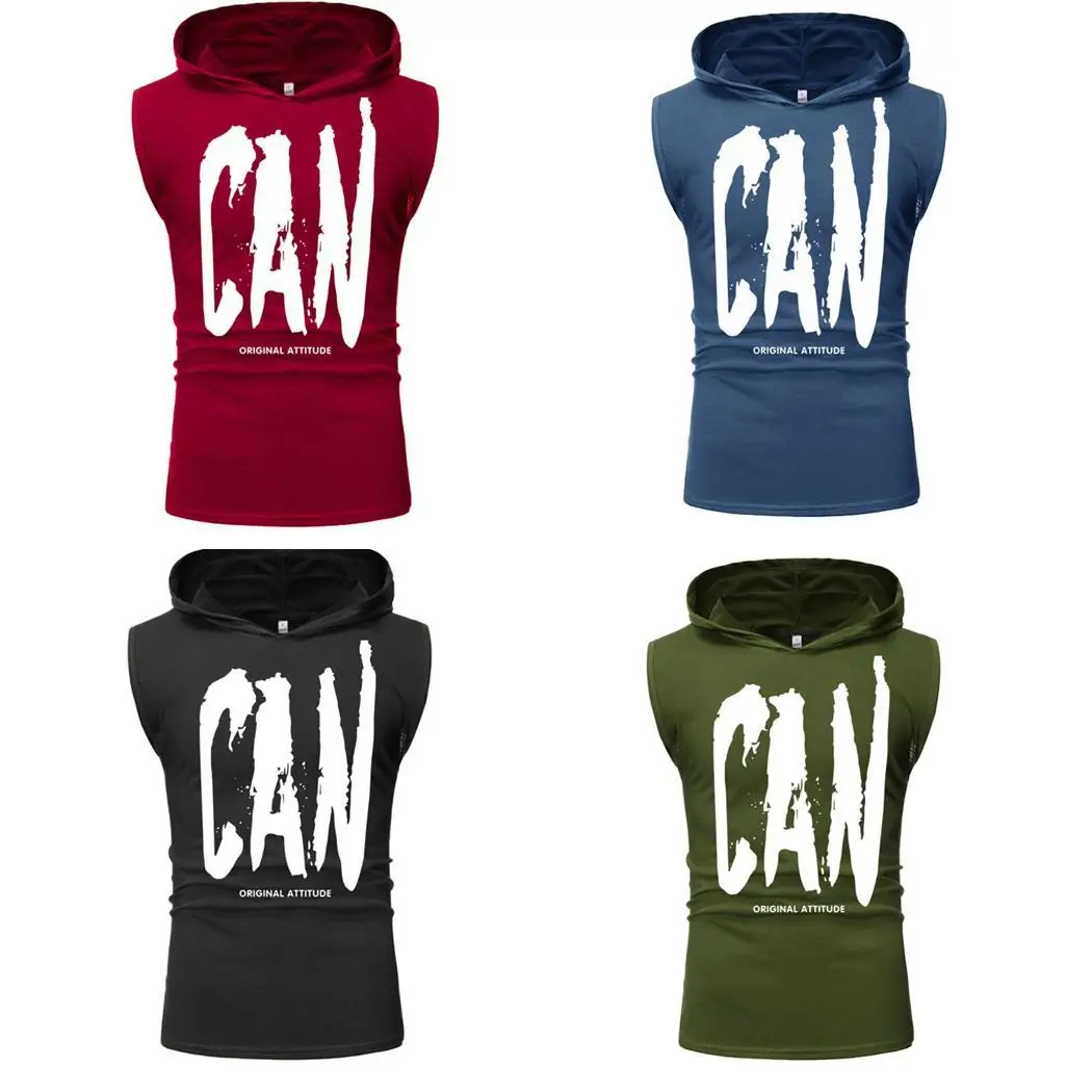 Men Casual Hooded Neck Sleeveless Letter Summer Print Red Green Blue Black Pullover Vest Top | Мужская одежда
