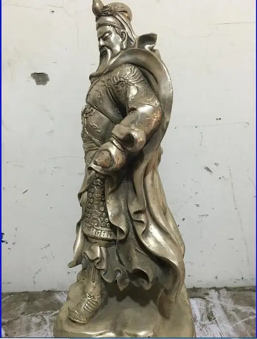 15&quot Chinese Folk Silver carved Dragon Kuan Kung Guan Gong GuanYu warrior statue | Дом и сад