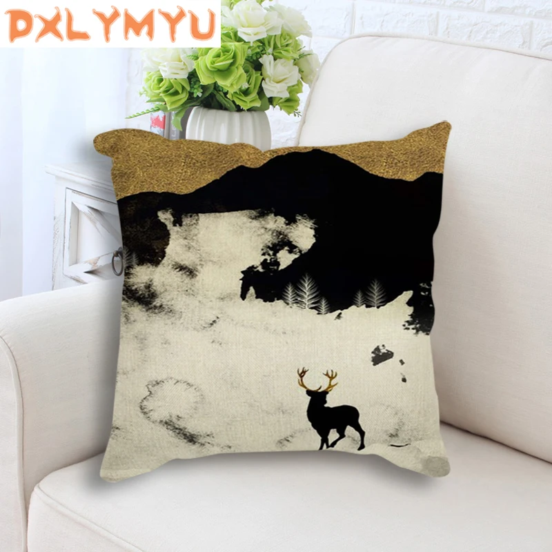Square Throw Pillow 45x45cm Abstract Landscape Mountain Deer whale Nordic Cushion Back Seat Linen Sofa Home Decor | Дом и сад