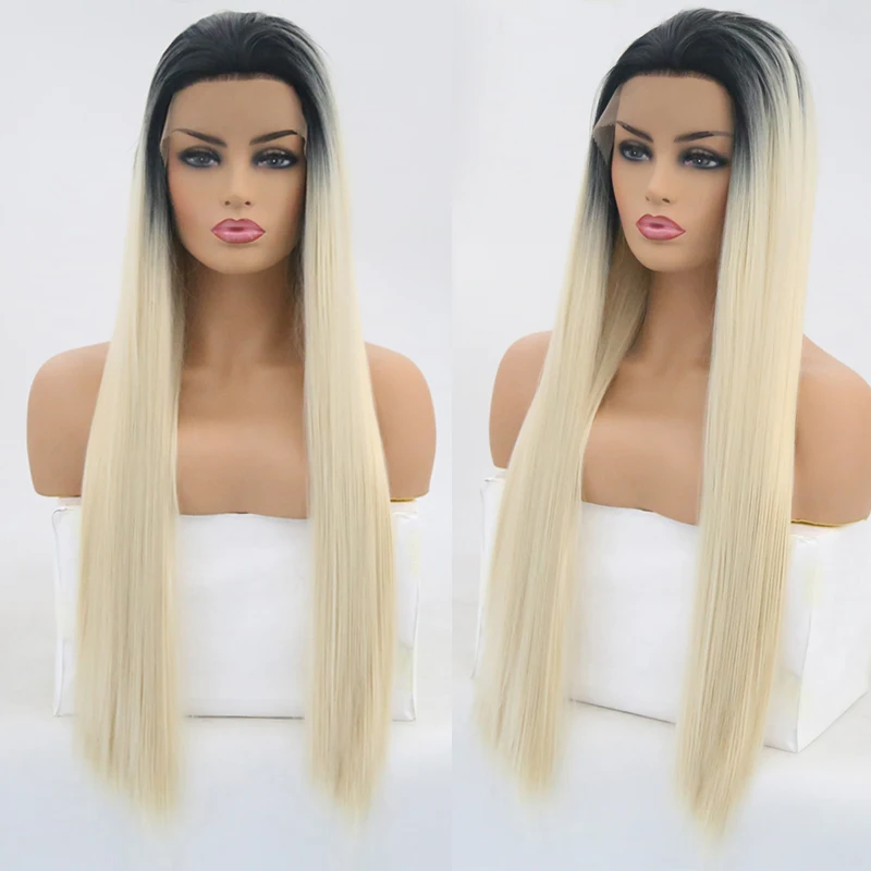Charisma Ombre Blonde Wig Straight Hair Synthetic Lace Front Wig High Temperature Wigs with Black Roots Free Part Lace Wigs