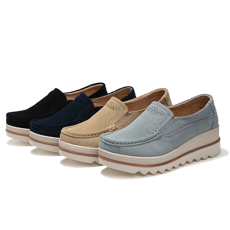 Женские кроссовки на плоской подошве мокасины толстой из кожи и замши Chaussure Femme