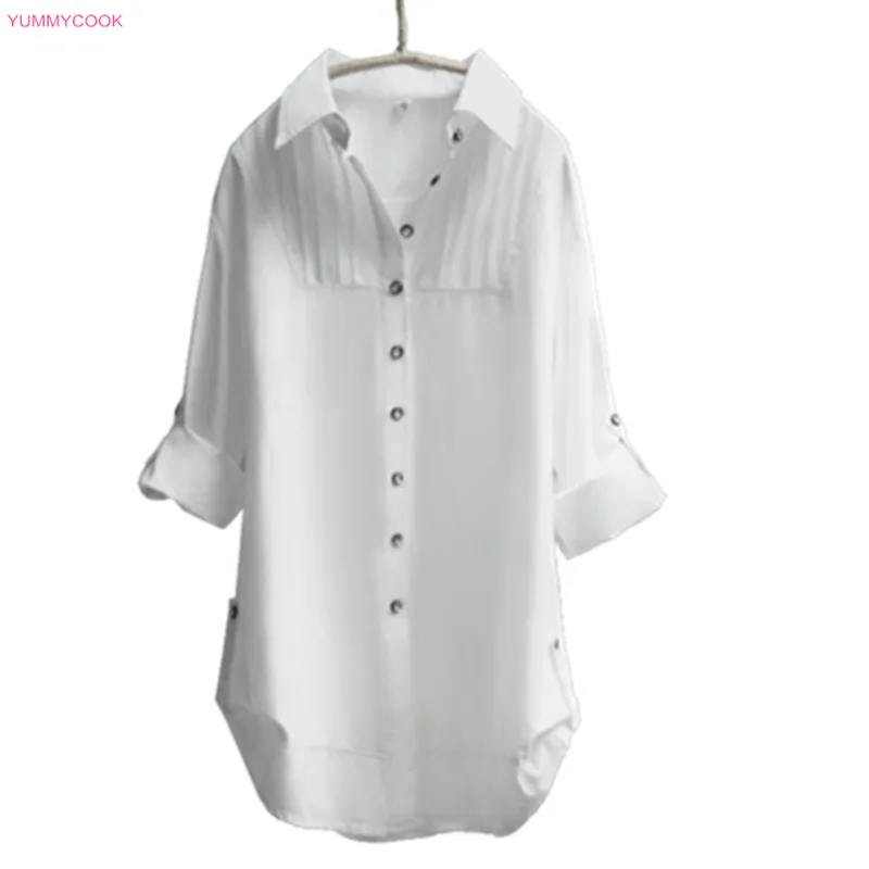 Весенняя белая рубашка средней длины Простая с длинным рукавом Женская