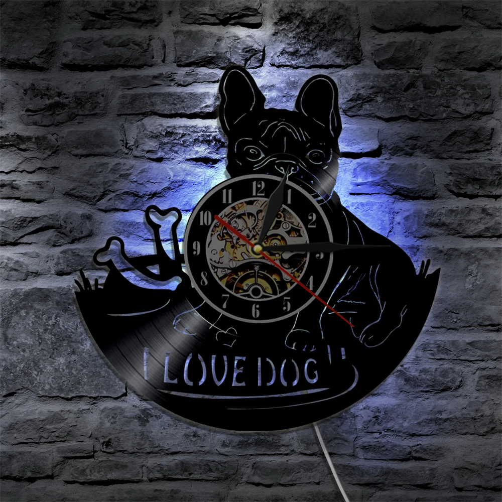 1 шт I Love Dog Французский бульдог дом животное виниловая запись настенные часы домашнее животное щенок животные настенные часы художественные часы подарок для украшения дома
