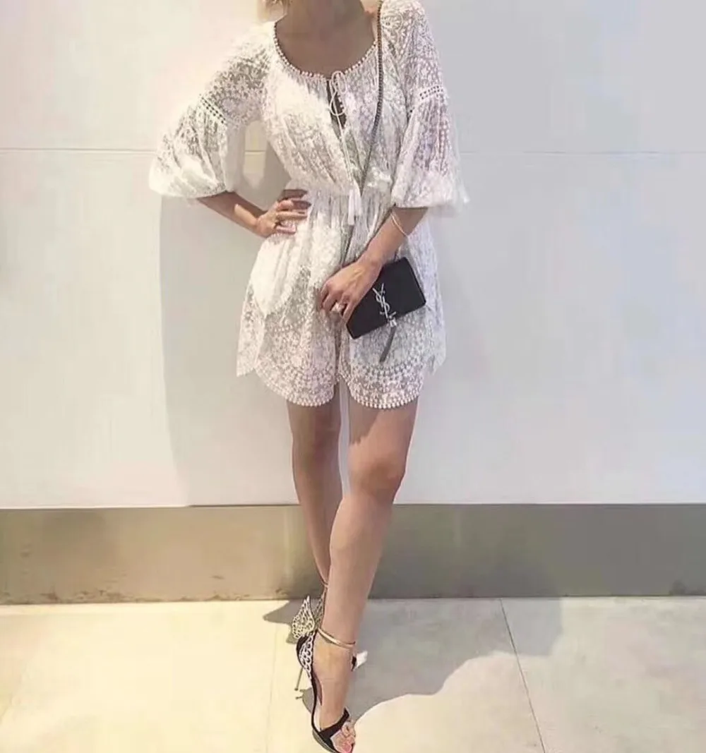 Women White Floral Embroidery Silk Gossamer Scallop Short Dress Flowers Embroidered Round Neck Tied Tassels Ball Mini | Женская одежда